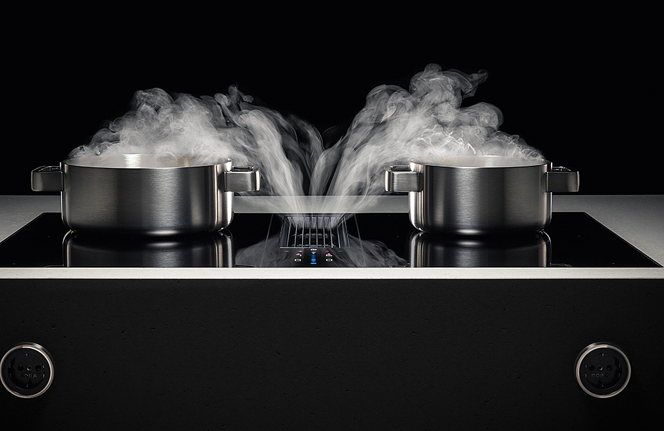 Plaque de cuisson Bora avec hotte intégrée : l'électroménager high tech  pour une cuisine design à Lyon - Cuisiniste haut de gamme à Lyon -  Aménagement cuisine contemporaine - Schott Cuisines