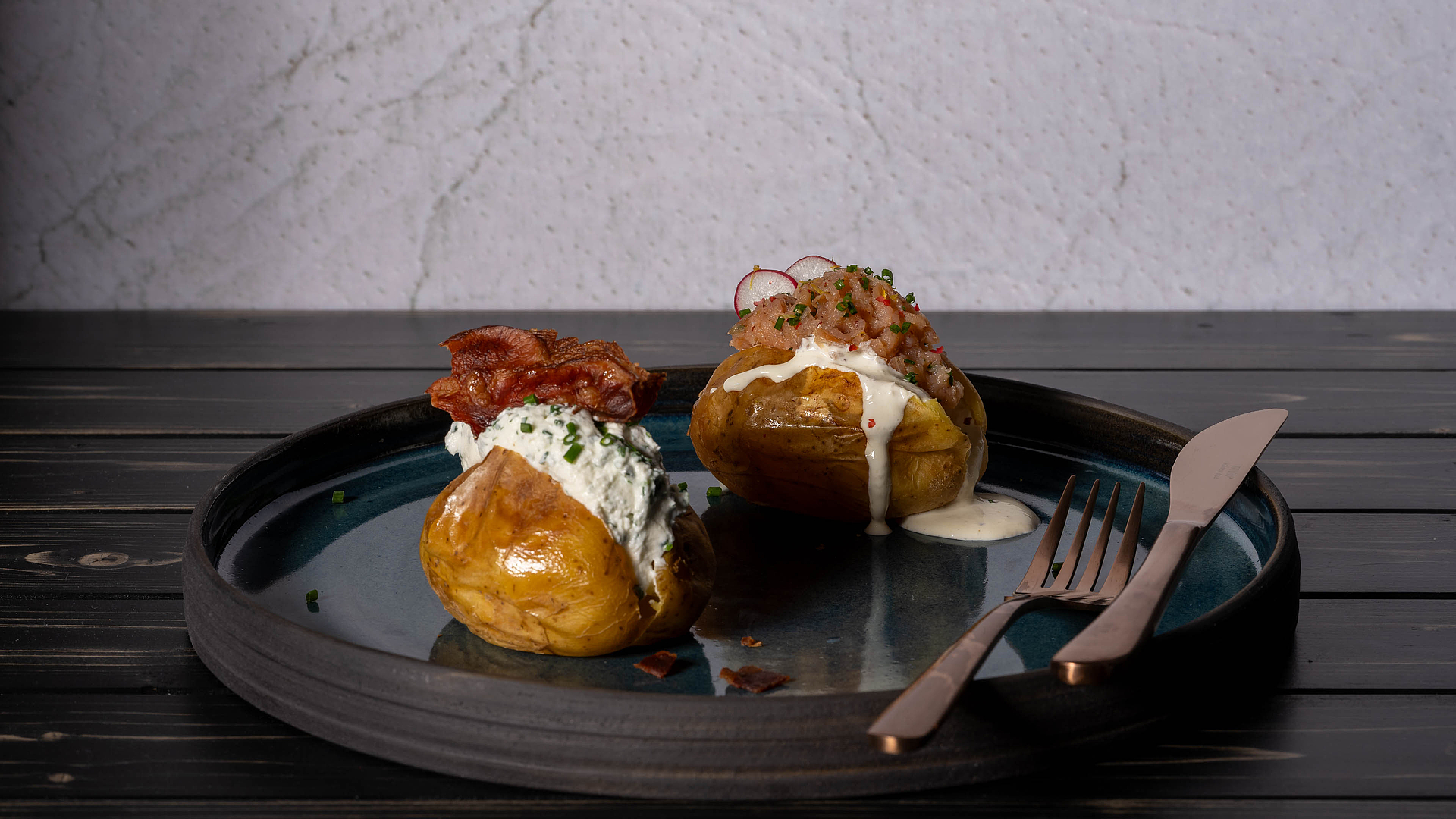 Baked potatoes with bacon and herb quark